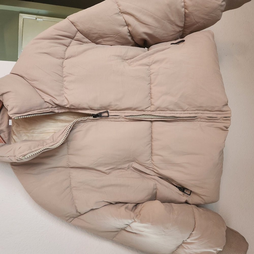 Tan Quilted Puffer Jacket with High Collar
